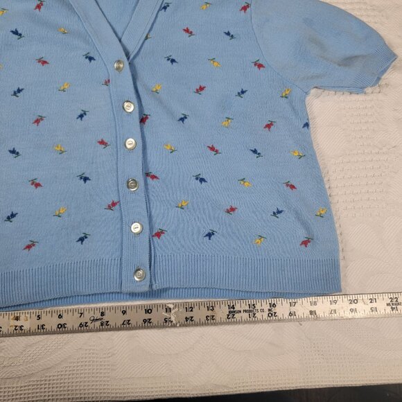 Vintage sweater short-sleeve button front cardigan with embroidery, blue medium - Picture 5 of 16
